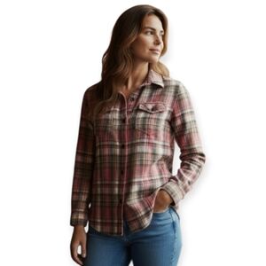 Tilley Women's Flannel Shirt Plaid Button Down Cotton Pink Long Sleeve Size M